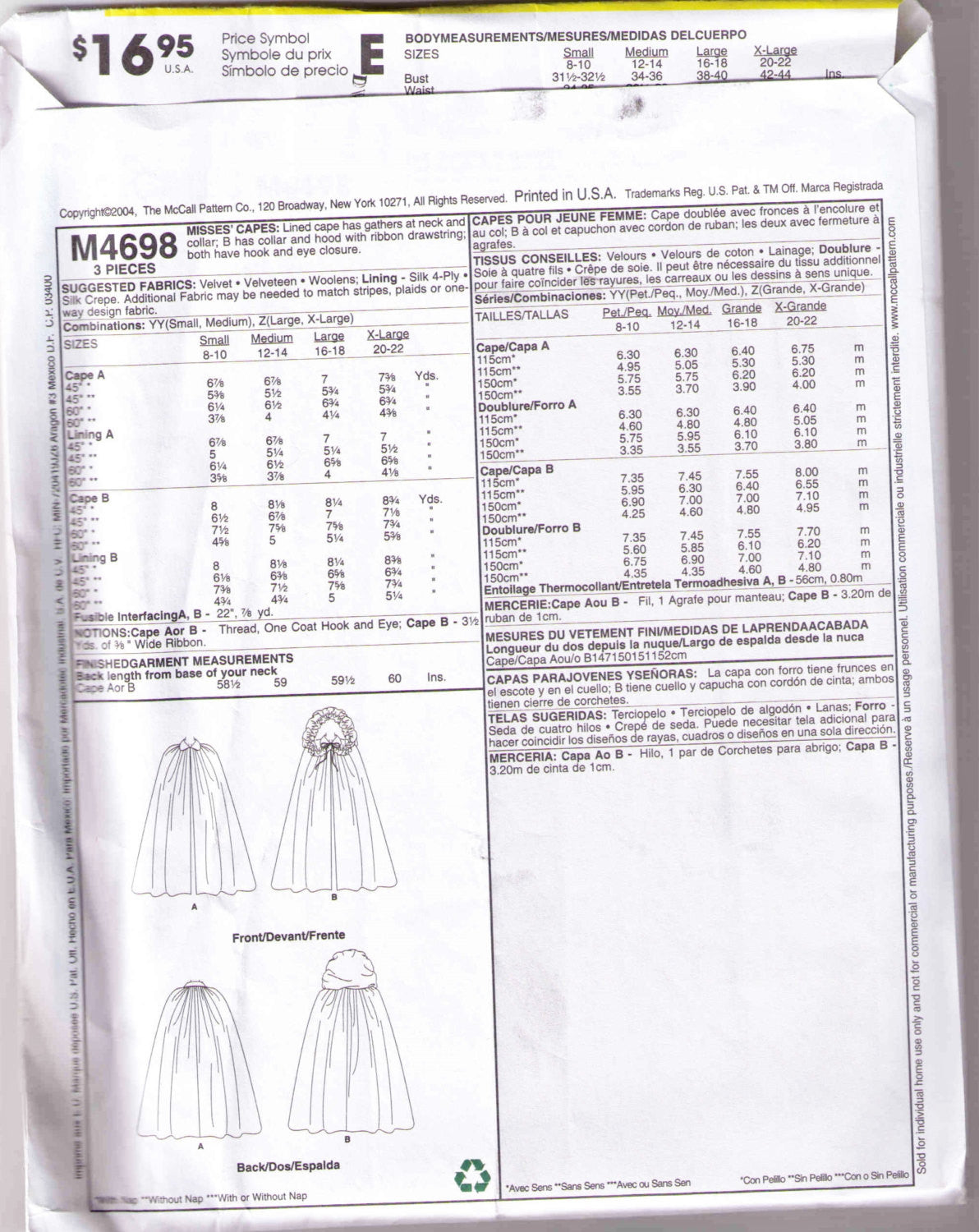 Cape pattern McCalls 4698 Adult sizes Small-Medium - Patterns - Craft Supply House