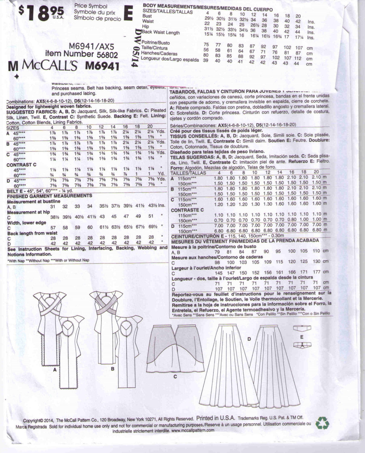 Greecian tabard, skirt, belt McCall's 6941 Adult sizes 12, 14, 16, 18, 20 - Patterns - Craft Supply House