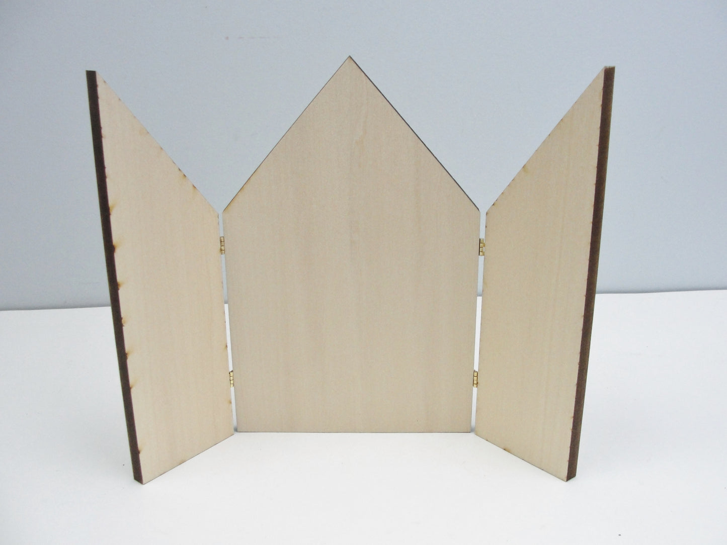 Triptych unfinished wood gothic top hinged wooden small screen
