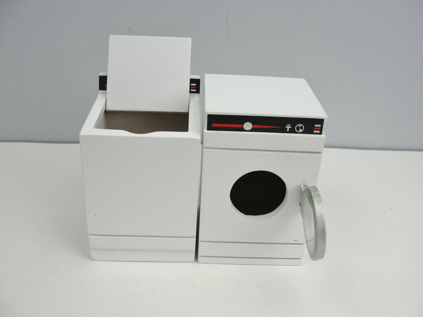 Dollhouse laundry washer, dryer, detergent, laundry basket