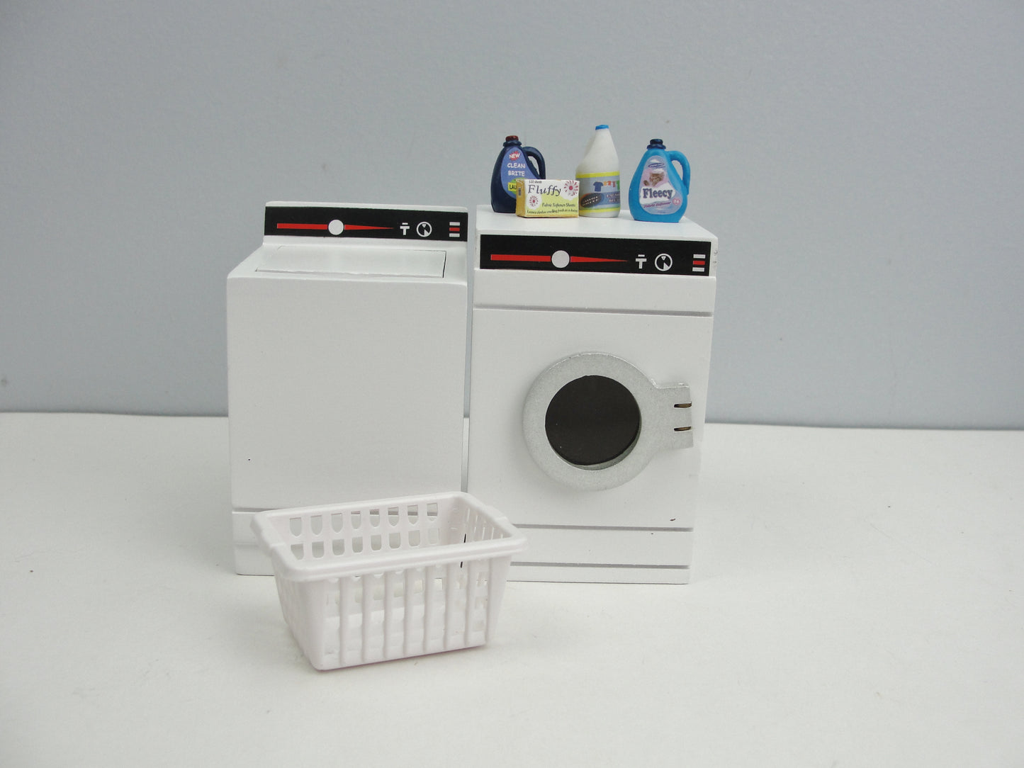 Dollhouse laundry washer, dryer, detergent, laundry basket