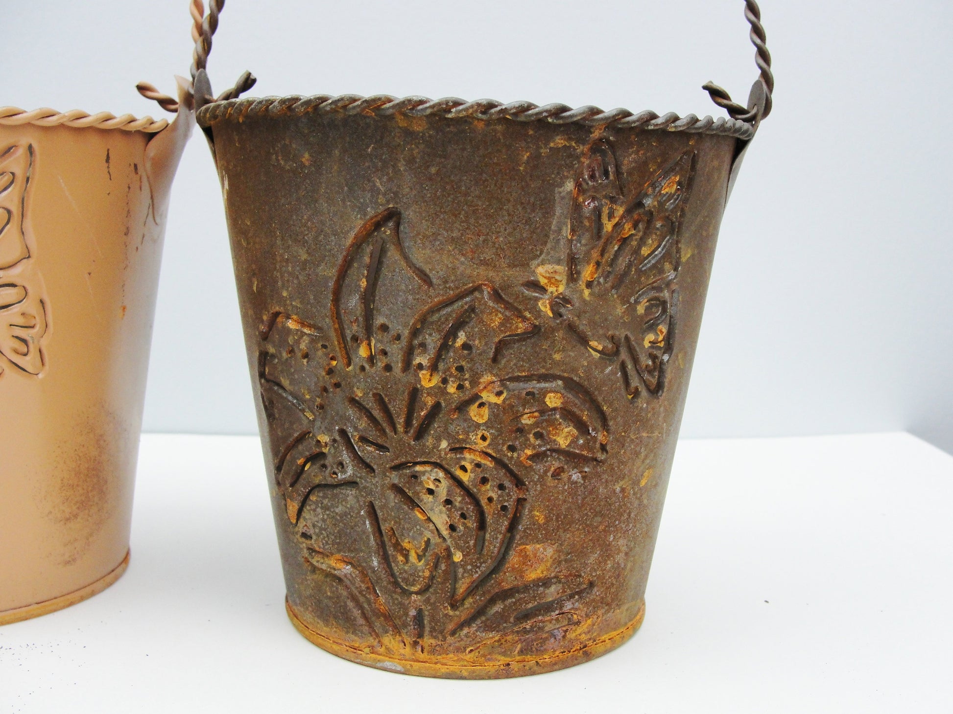 Small metal buckets with flower and butterfly cut out (choose cream, butterscotch, or rust) - Floral Supplies - Craft Supply House