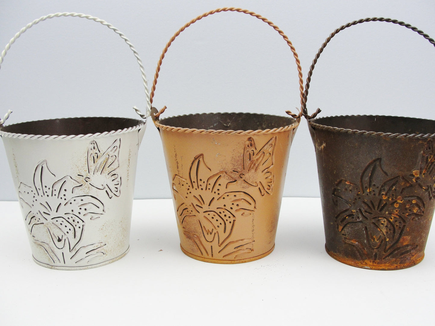 Small metal buckets with flower and butterfly cut out (choose cream, butterscotch, or rust) - Floral Supplies - Craft Supply House