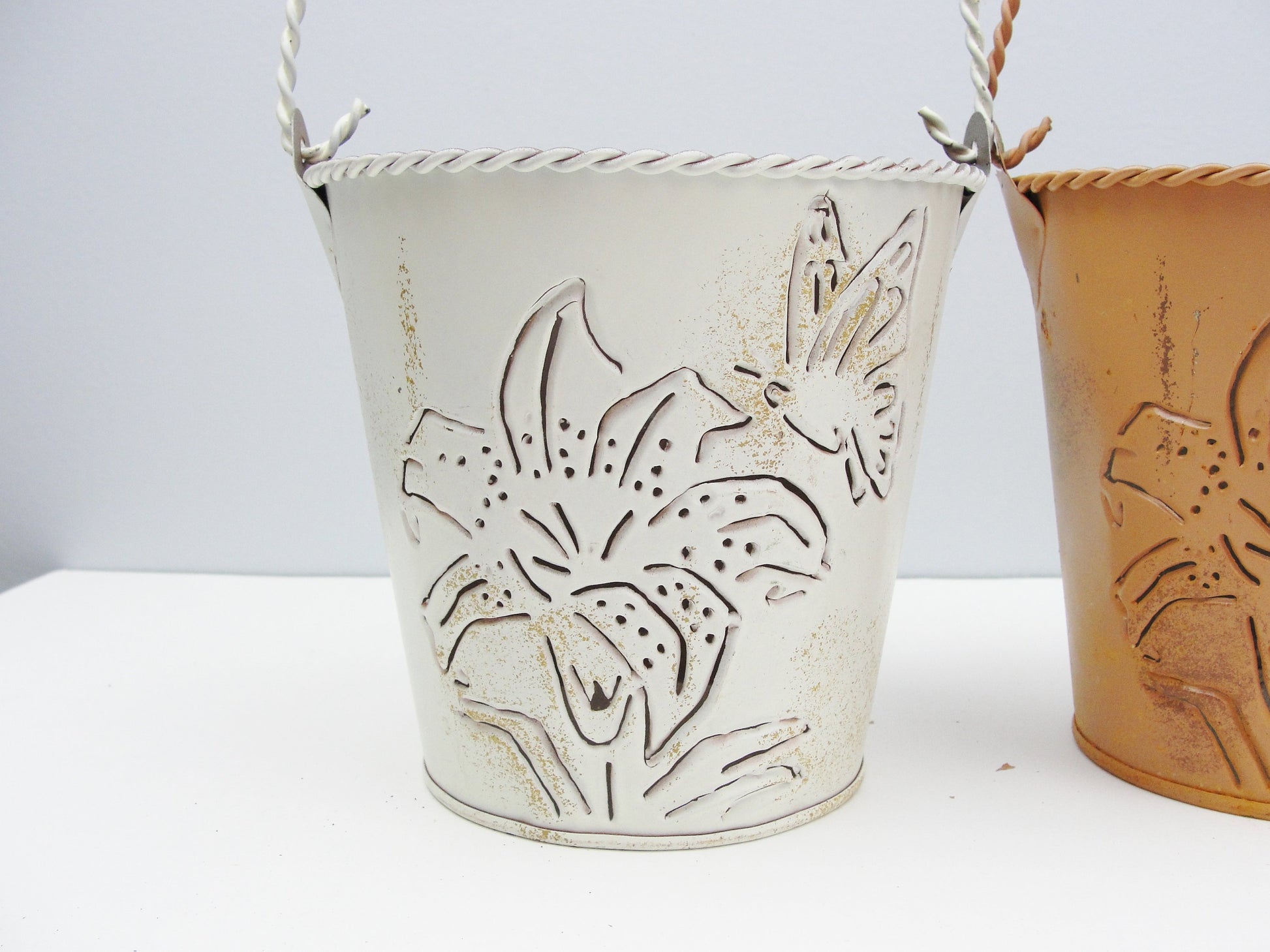 Small metal buckets with flower and butterfly cut out (choose cream, butterscotch, or rust) - Floral Supplies - Craft Supply House