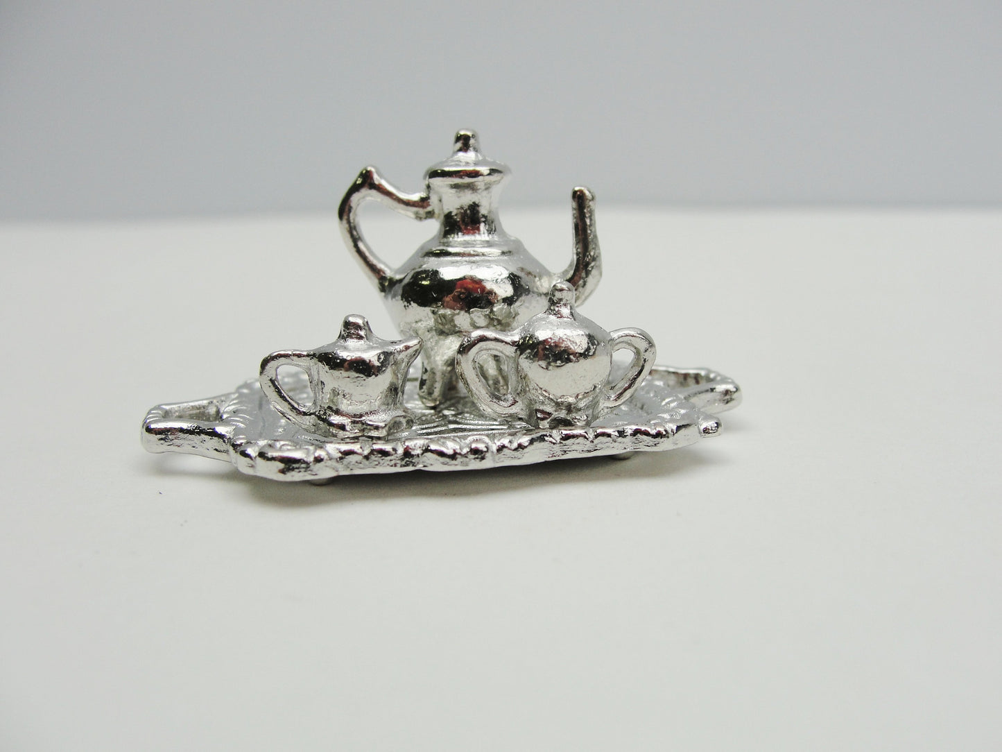 Dollhouse miniature silver tea set on tray - Miniatures - Craft Supply House