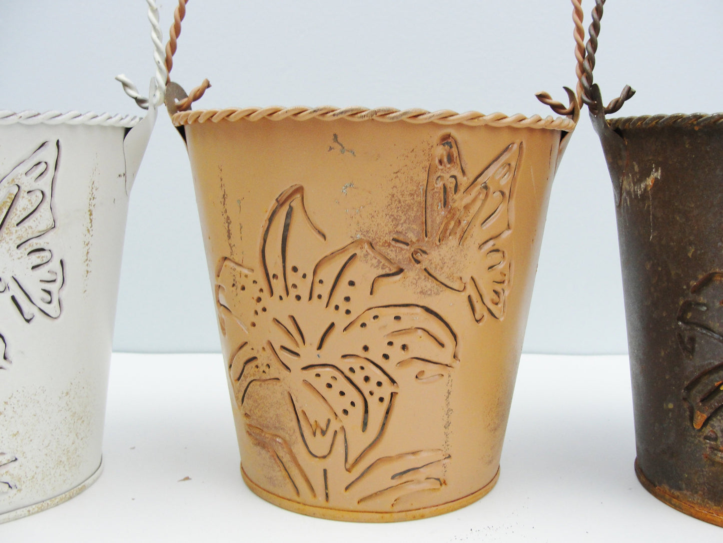Small metal buckets with flower and butterfly cut out (choose cream, butterscotch, or rust) - Floral Supplies - Craft Supply House