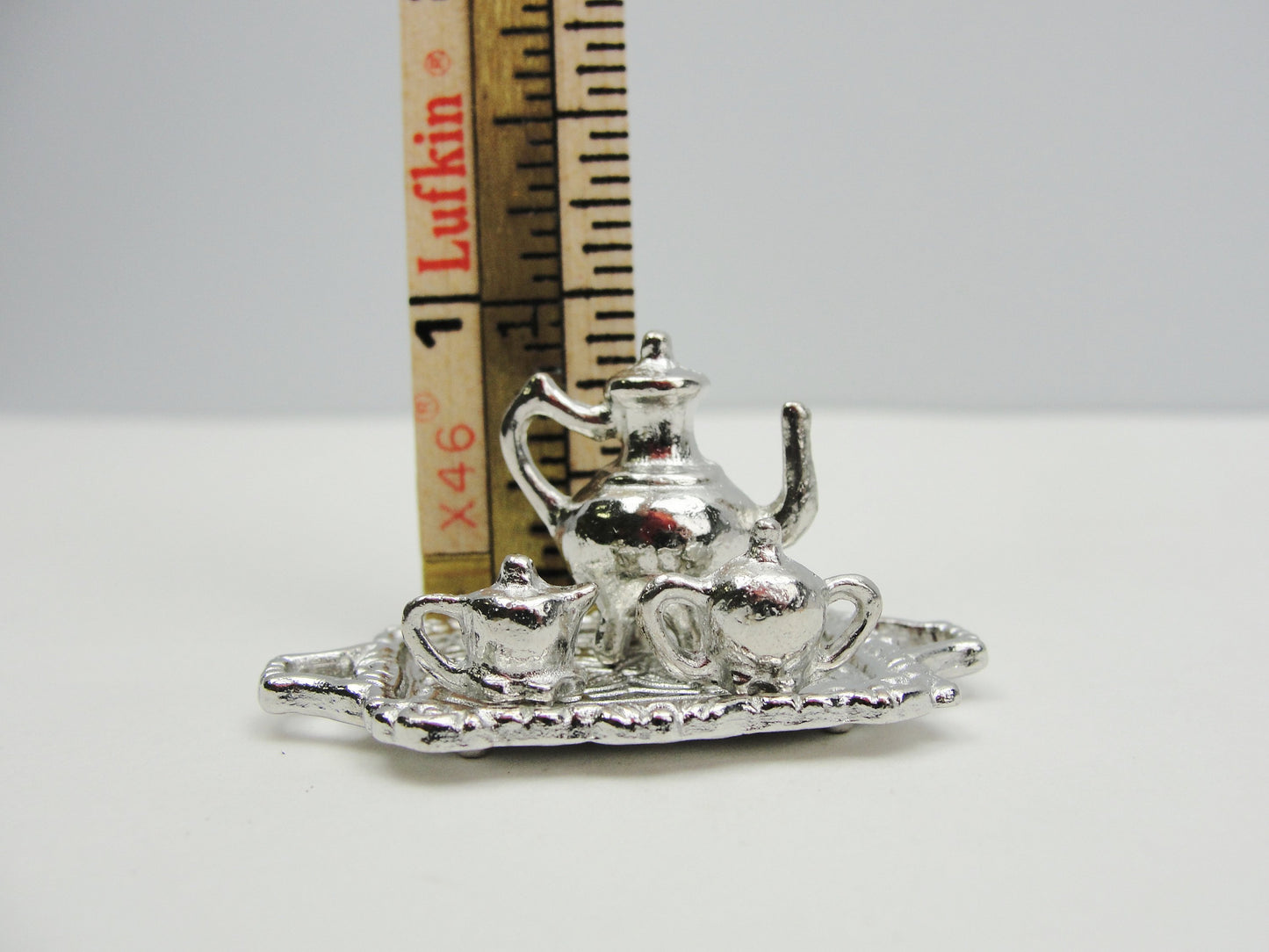 Dollhouse miniature silver tea set on tray - Miniatures - Craft Supply House