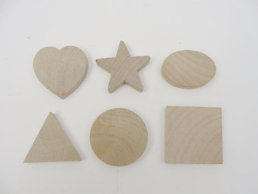 Chunky wood shape set 2" x 1/2" heart, star, oval, triangle, circle, and square - Wood parts - Craft Supply House
