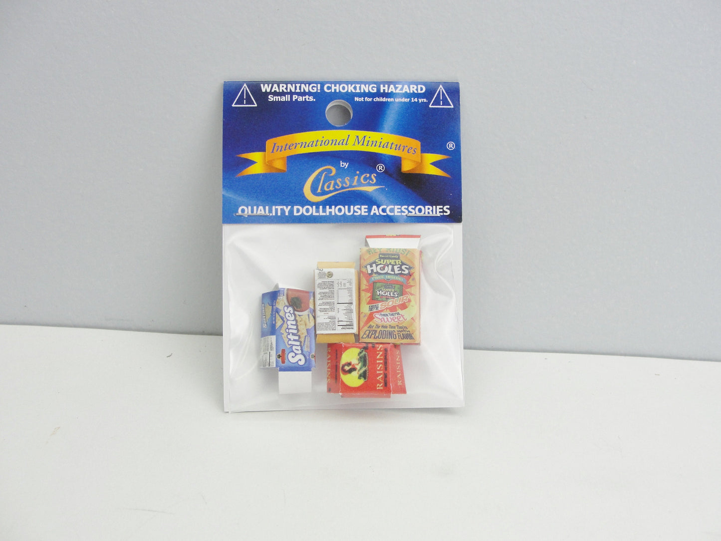 Dollhouse miniature food boxes crackers, cereal, raisins, oatmeal