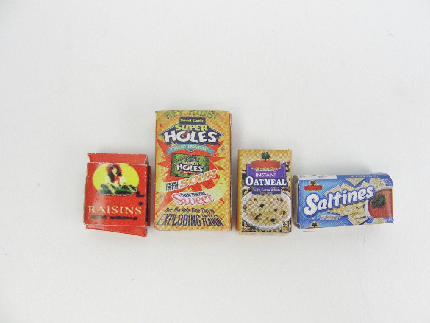 Dollhouse miniature food boxes crackers, cereal, raisins, oatmeal