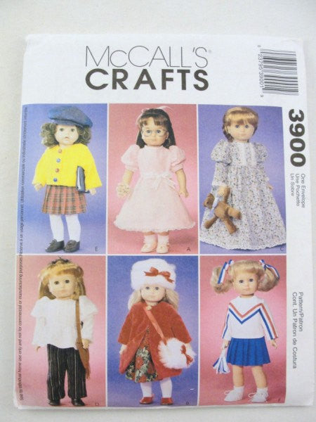 McCalls 3900 18" doll clothes pattern cheerleader, nightgown, cardigan, coat, dress, hat - Patterns - Craft Supply House