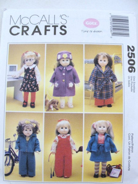 McCalls 2506 18" doll clothes pattern coat, robe, jacket, overalls, skirt, blouse, pants, jumper, hat - Patterns - Craft Supply House