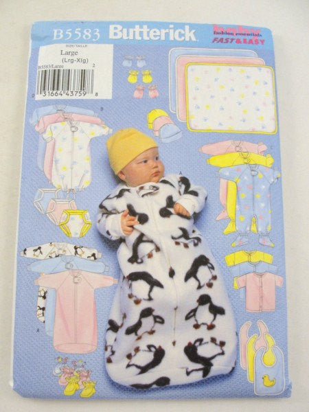 Infant bunting jumpsuit shirt diaper cover hat bib mittens botties blanket Butterick 5583 pattern LG-XLG - Patterns - Craft Supply House