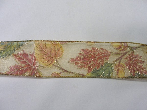 Sheer fall leaves Wire Edge Ribbon with acorns and sparkles - Floral Supplies - Craft Supply House