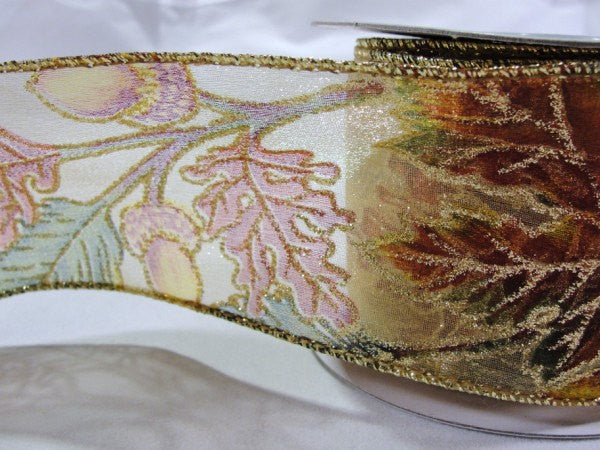Sheer fall leaves Wire Edge Ribbon with acorns and sparkles - Floral Supplies - Craft Supply House