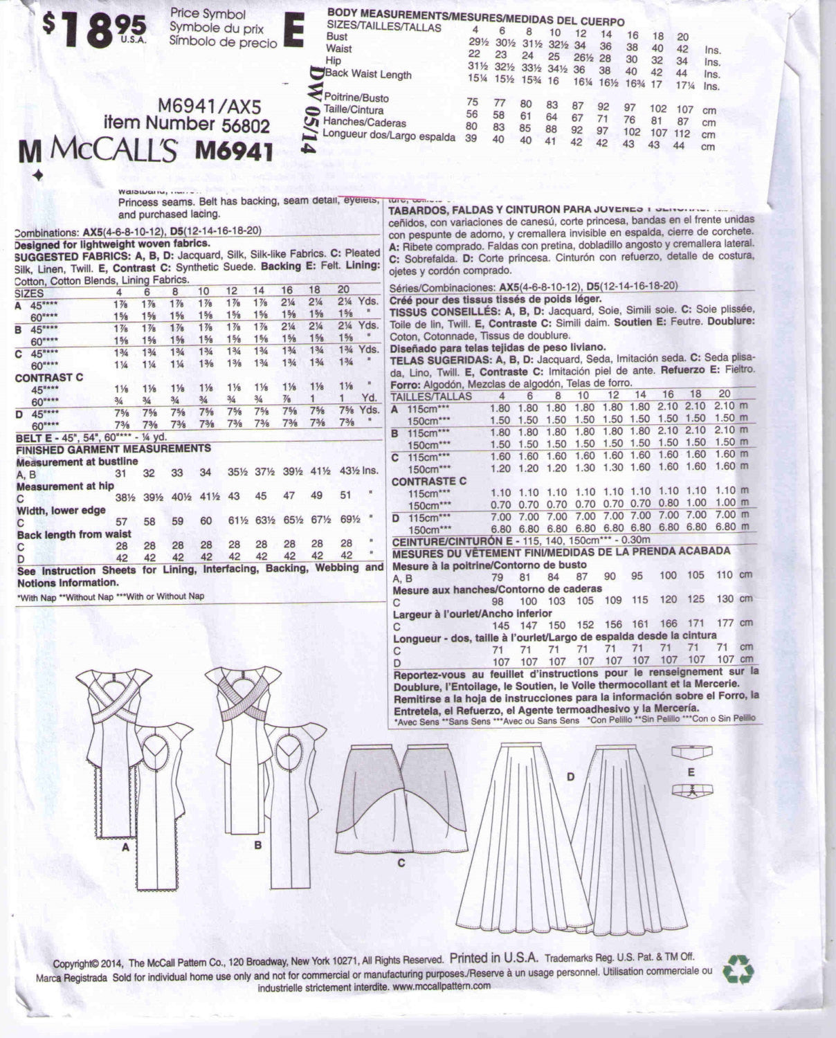 Greecian tabard, skirt, belt McCall's 6941 Adult sizes 4, 6, 8, 10, 12 - Patterns - Craft Supply House